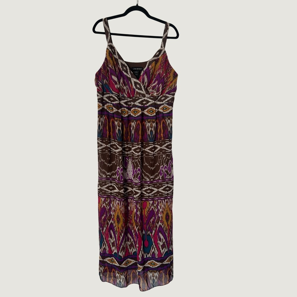 Lane Bryant Maxi Dress Womens 22 Brown Multi Ikat Tribal Aztec Boho Ethnic Earth